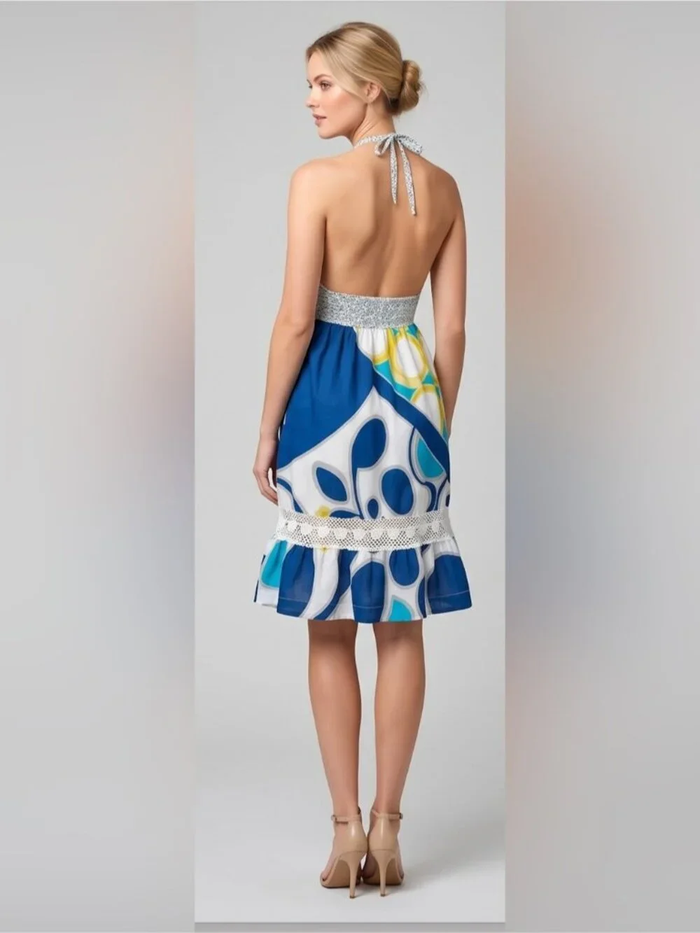ROXY Geometric Abstract Halter Dress Crochet Lace Trim Ruffle Blue Yellow - Picture 3 of 8